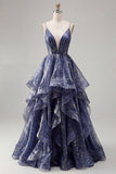 Starry Dusty Blue A Line Spaghetti Straps Ruffled Prom Dress