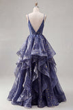 Starry Dusty Blue A Line Spaghetti Straps Ruffled Prom Dress