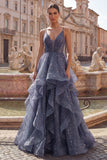 Starry Dusty Blue A Line Spaghetti Straps Ruffled Prom Dress