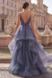 Starry Dusty Blue A Line Spaghetti Straps Ruffled Prom Dress