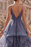 Starry Dusty Blue A Line Spaghetti Straps Ruffled Prom Dress