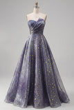 Sweetheart A Line Dusty Blue Ruched Starry Prom Dress