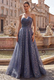 Sweetheart A Line Dusty Blue Ruched Starry Prom Dress