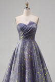 Sweetheart A Line Dusty Blue Ruched Starry Prom Dress