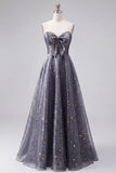 Sweetheart A Line Dusty Blue Starry Prom Dress with Bow