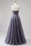 Sweetheart A Line Dusty Blue Starry Prom Dress with Bow