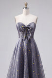 Sweetheart A Line Dusty Blue Starry Prom Dress with Bow