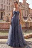 Sweetheart A Line Dusty Blue Starry Prom Dress with Bow