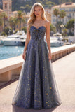 Sweetheart A Line Dusty Blue Starry Prom Dress with Bow