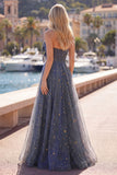 Sweetheart A Line Dusty Blue Starry Prom Dress with Bow