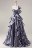 One Shoulder Starry A Line Ruffled Dusty Blue Prom Dress