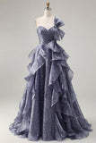 One Shoulder Starry A Line Ruffled Dusty Blue Prom Dress