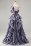 One Shoulder Starry A Line Ruffled Dusty Blue Prom Dress