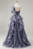 One Shoulder Starry A Line Ruffled Dusty Blue Prom Dress