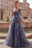 One Shoulder Starry A Line Ruffled Dusty Blue Prom Dress
