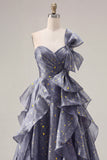 One Shoulder Starry A Line Ruffled Dusty Blue Prom Dress