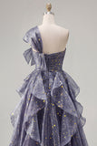One Shoulder Starry A Line Ruffled Dusty Blue Prom Dress