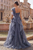 One Shoulder Starry A Line Ruffled Dusty Blue Prom Dress