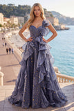 One Shoulder Starry A Line Ruffled Dusty Blue Prom Dress