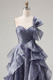 One Shoulder Starry A Line Ruffled Dusty Blue Prom Dress