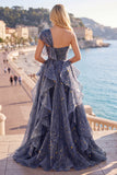 One Shoulder Starry A Line Ruffled Dusty Blue Prom Dress