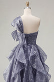 One Shoulder Starry A Line Ruffled Dusty Blue Prom Dress