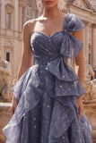 One Shoulder Starry A Line Ruffled Dusty Blue Prom Dress
