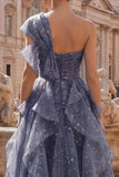 One Shoulder Starry A Line Ruffled Dusty Blue Prom Dress
