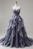 Dusty Blue Starry Ruched Ruffled A Line Long Prom Dress