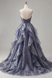 Dusty Blue Starry Ruched Ruffled A Line Long Prom Dress