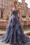 Dusty Blue Starry Ruched Ruffled A Line Long Prom Dress