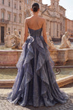 Dusty Blue Starry Ruched Ruffled A Line Long Prom Dress