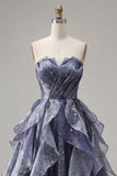 Dusty Blue Starry Ruched Ruffled A Line Long Prom Dress