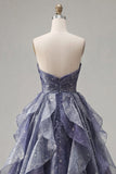 Dusty Blue Starry Ruched Ruffled A Line Long Prom Dress
