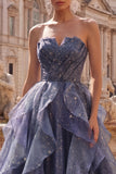 Dusty Blue Starry Ruched Ruffled A Line Long Prom Dress
