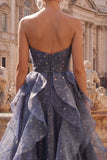 Dusty Blue Starry Ruched Ruffled A Line Long Prom Dress