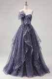 Sweetheart Dusty Blue Ruffled Prom Dress with Bow