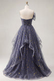 Sweetheart Dusty Blue Ruffled Prom Dress with Bow