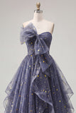 Sweetheart Dusty Blue Ruffled Prom Dress with Bow