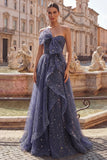 Sweetheart Dusty Blue Ruffled Prom Dress with Bow