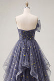 Sweetheart Dusty Blue Ruffled Prom Dress with Bow