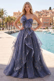 Sweetheart Dusty Blue Ruffled Prom Dress with Bow