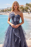 Sweetheart Dusty Blue Ruffled Prom Dress with Bow