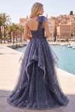 Sweetheart Dusty Blue Ruffled Prom Dress with Bow
