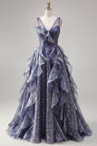 V-Neck Starry Dusty Blue Ruffled Prom Dress