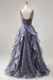 V-Neck Starry Dusty Blue Ruffled Prom Dress