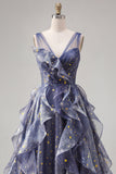V-Neck Starry Dusty Blue Ruffled Prom Dress