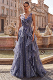 V-Neck Starry Dusty Blue Ruffled Prom Dress