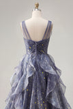 V-Neck Starry Dusty Blue Ruffled Prom Dress