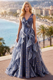 V-Neck Starry Dusty Blue Ruffled Prom Dress